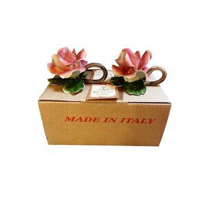 VTG Italian Capodimonte Pink Rose Finger Candle Holders Set of 2 Approx 4” Long
